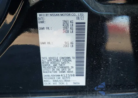 2022 Nissan Altima Sv Fwd из США, поврежденный, VIN 1N4BL4DVXNN412598